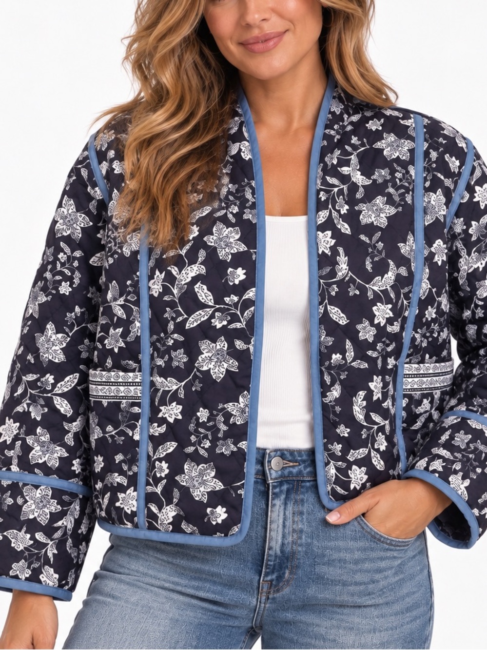 Fashion Quilted Floral lightweight Reversible Jacket Blue White Size Large